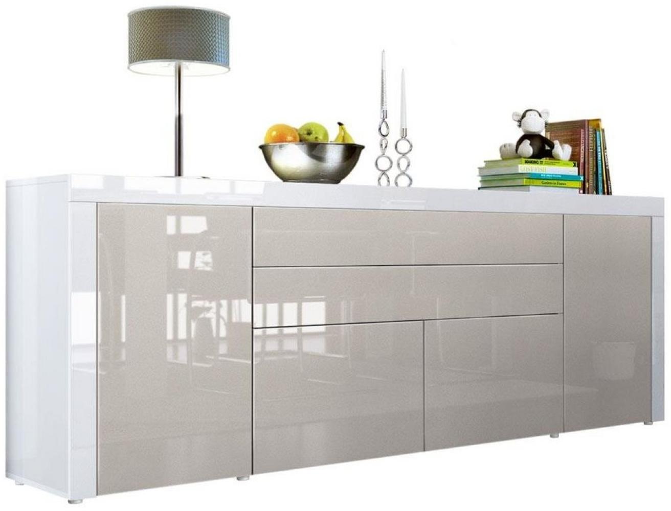 Vladon Sideboard La Paz V2, Kommode mit 2 Türen, 2 Schubkästen und 2 Klappen, Weiß Hochglanz/Sandgrau Hochglanz/Weiß Hochglanz (200 x 72 x 35 cm) Bild 1