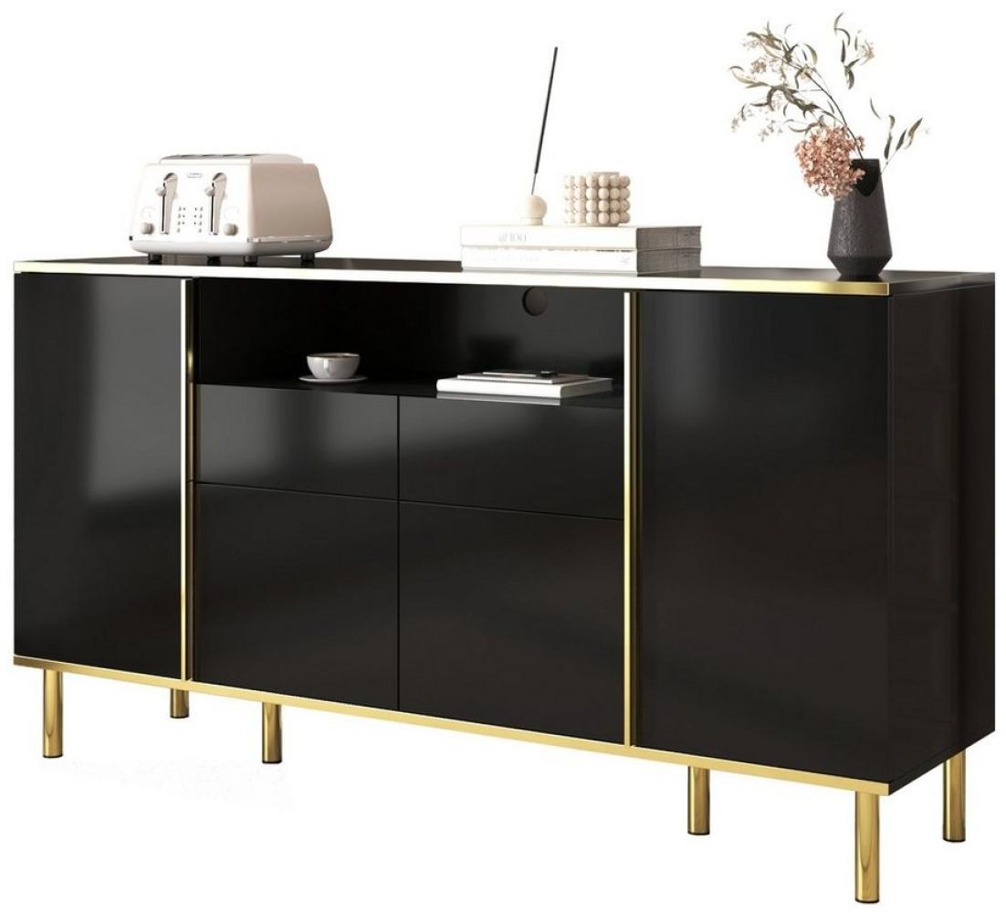 KLAM HOME Sideboard Hochglänzendes Kommode mit 2 Schubladen (aus Spanplatte), Schubladenschrank Küchenschrank Flurschrank 150 x 40 x 80 cm Gold/Schwarz Bild 1