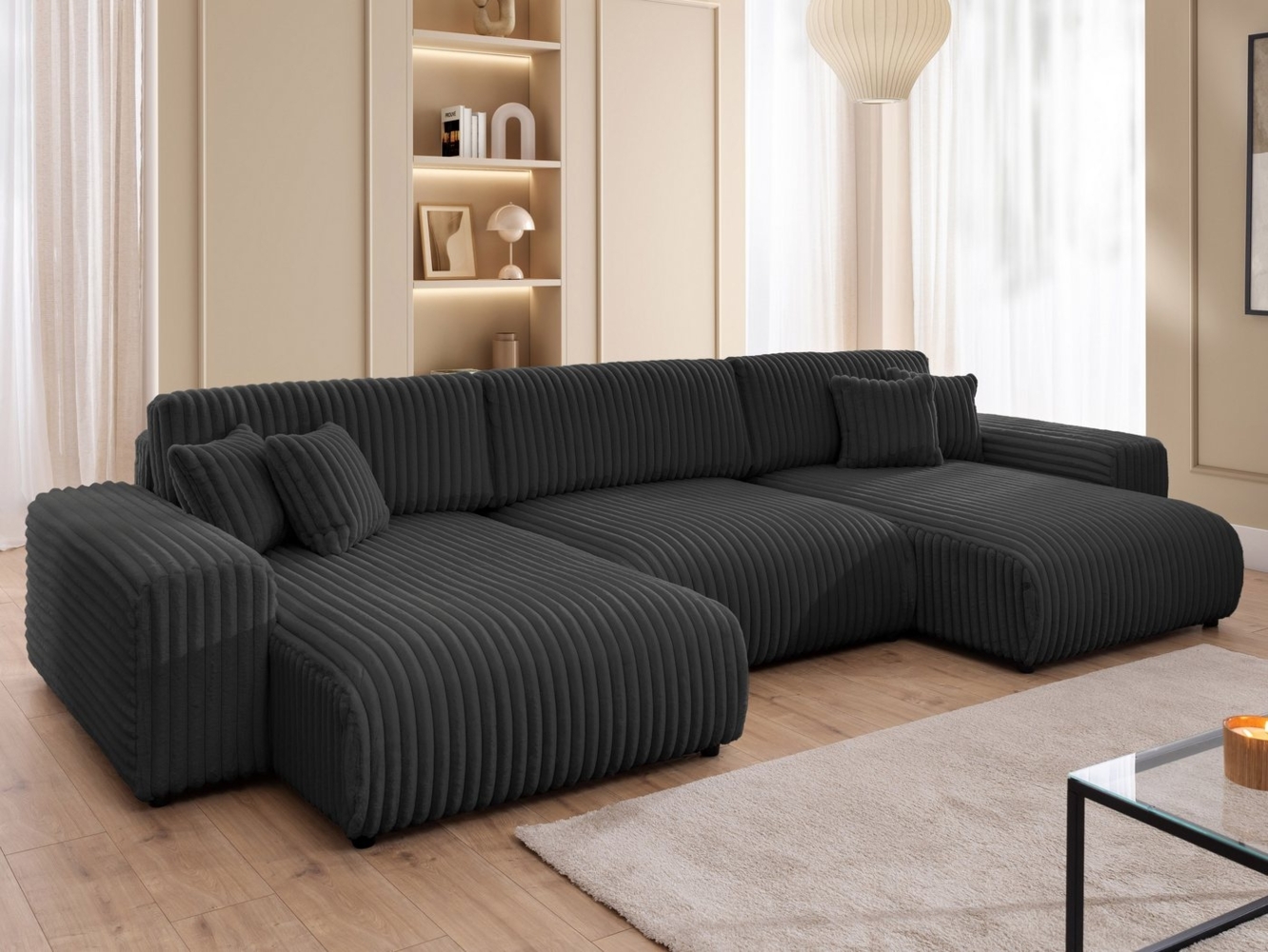 S-Style Möbel Wohnlandschaft Mollis mit Schlaffunktion und Bettkasten aus Plüschcord Bild 1