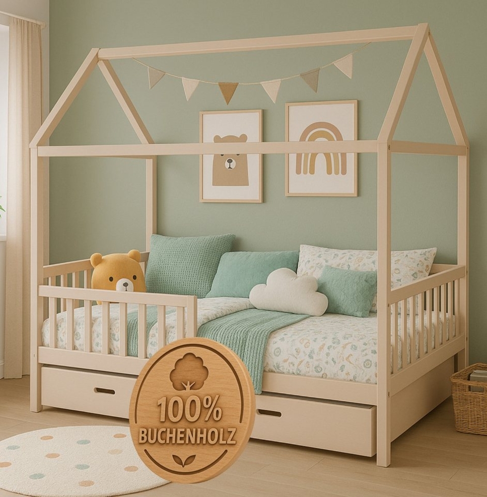 Alavya Home® Hausbett CLOUD aus 100% FSC®-zertifiziertem Buchenholz – Bestseller & beliebt! (SET Kinderbett 90x200, inkl. Matratze Schubladen Buchablage Rausfallschutz und Lattenrost), Hausbett 90x200cm für Mädchen und Jungen aus Massiv Buchenholz Bild 1