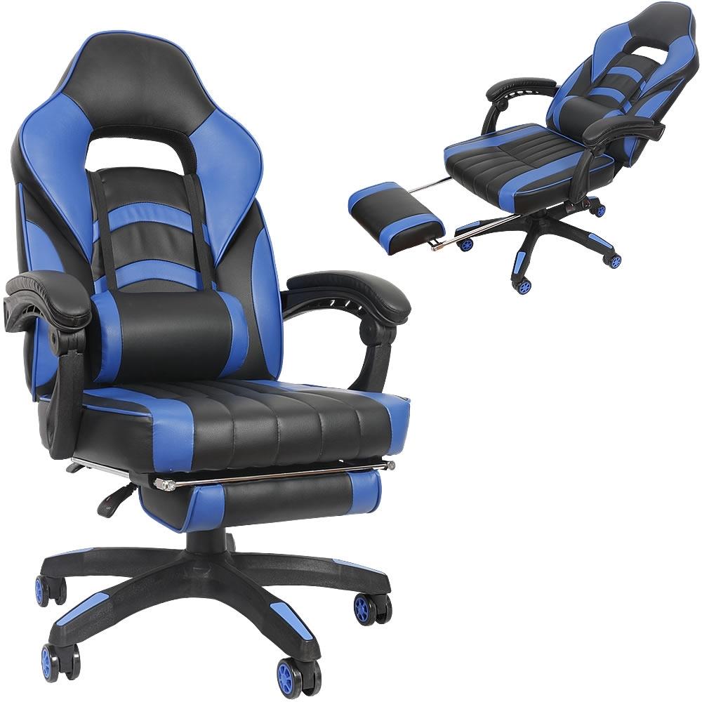 Gamingstuhl Blau/Schwarz Chefsessel Drehstuhl Bürositz Schreibtisch Fußstütze Bild 1