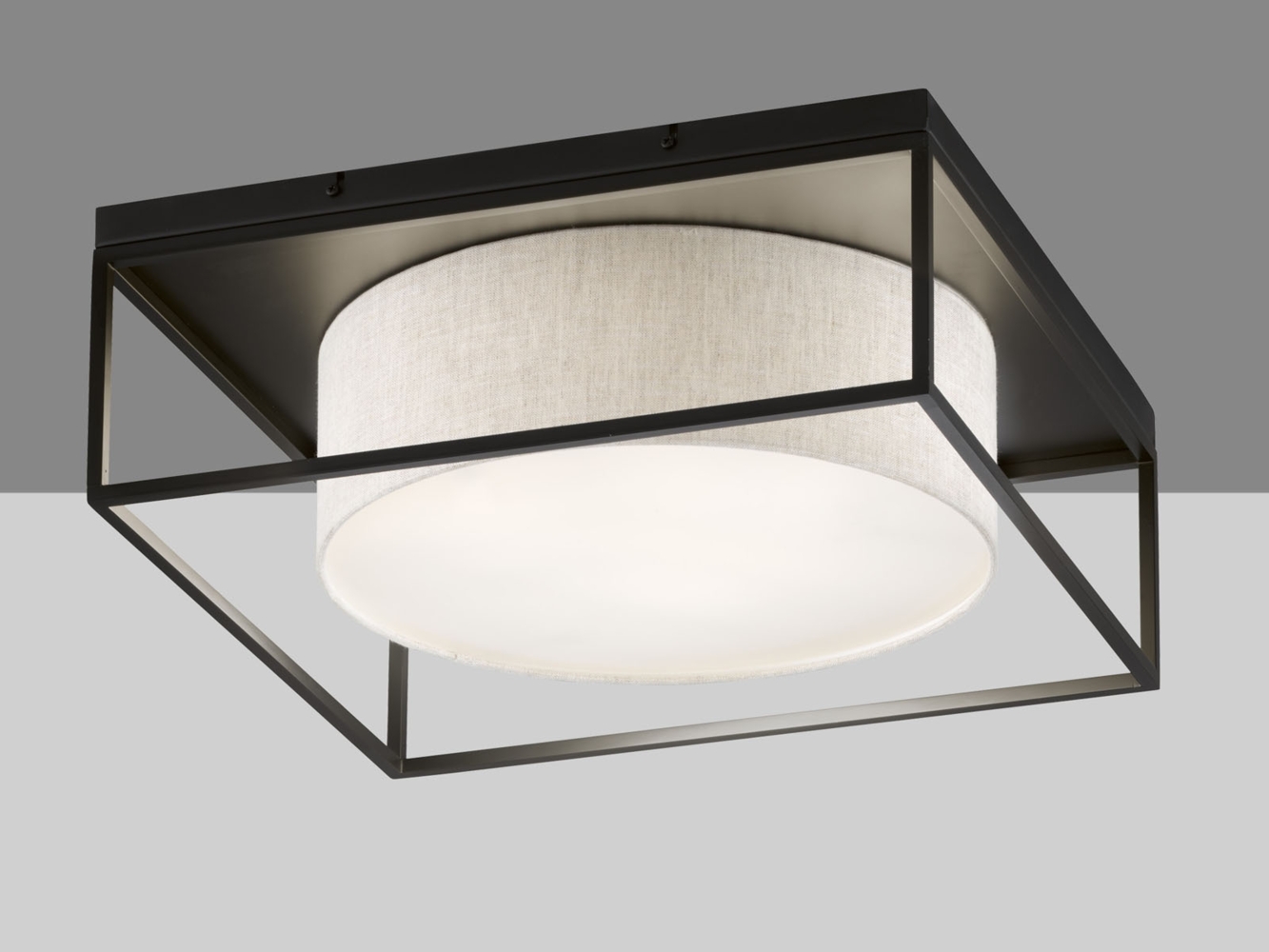 LED Deckenleuchte eckig groß mit Leinen Stoffschirm Beige, Quadrat 70cm Bild 1