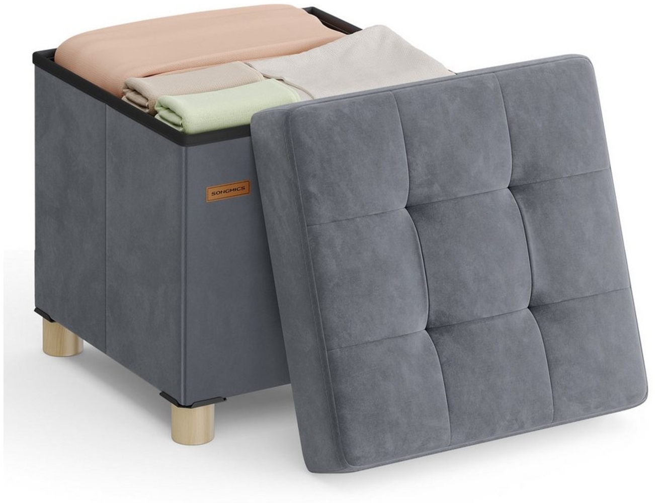SONGMICS Sitzhocker mit Stauraum, Hocker faltbar, 38 x 38 x 40 cm, Aufbewahrungsbox mit Deckel, Fußhocker 37 L, Samt, bis 300 kg belastbar Bild 1