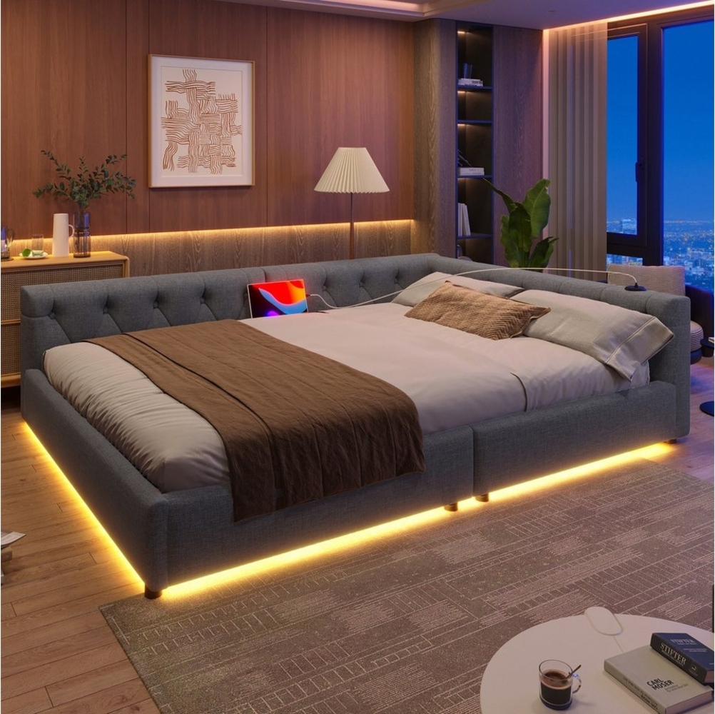 Flieks Polsterbett, LED Daybett Schlafsofa Doppelbett Tagesbett 140x200cm mit USB-Aufladen Bild 1