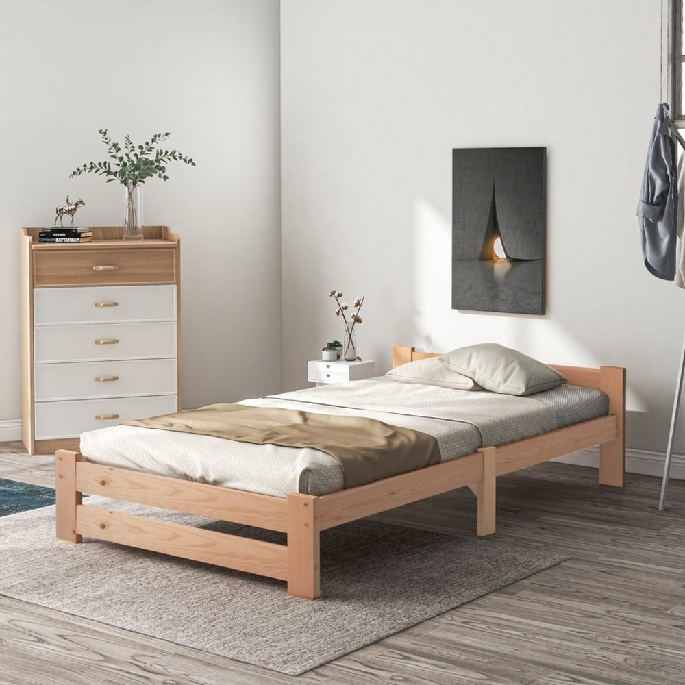 OKWISH Massivholzbett Natur Bett, Futonbett, Massivholzbett Einzelbett Kinderbett Gästebett (mit Kopfteil und Lattenrost, 200x90cm), Matratze nicht enthalten Bild 1