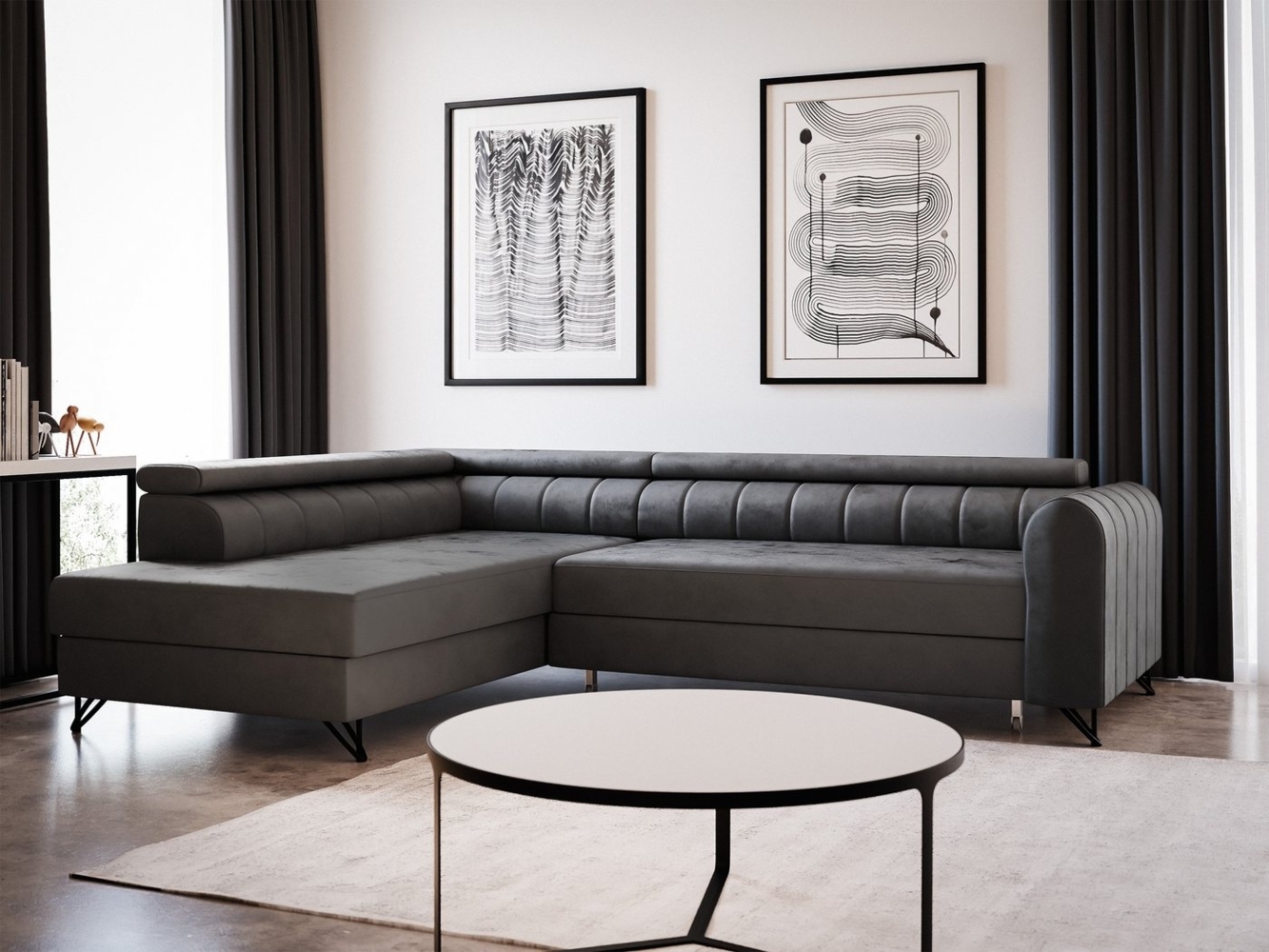 Ecksofa Alice mit Schlaffunktion und Bettkasten, Wohnlandschaft mit einstellbare Kopfstützen, Couch, Sofa, Bettsofa, Schlafsofa (Graphit (Kronos 22), Ecksofa Links) Bild 1