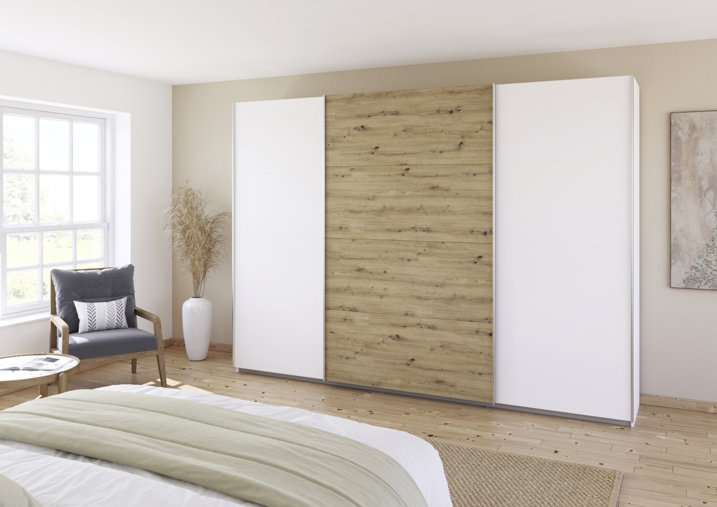 rauch Quadra, Kleiderschrank, Schiebetürenschrank, 3-türig, mit 4 Kleiderstangen und 8 Einlegeböden, Farbe Weiß/Eiche Artisan, BxHxT 315x229x62cm Bild 1