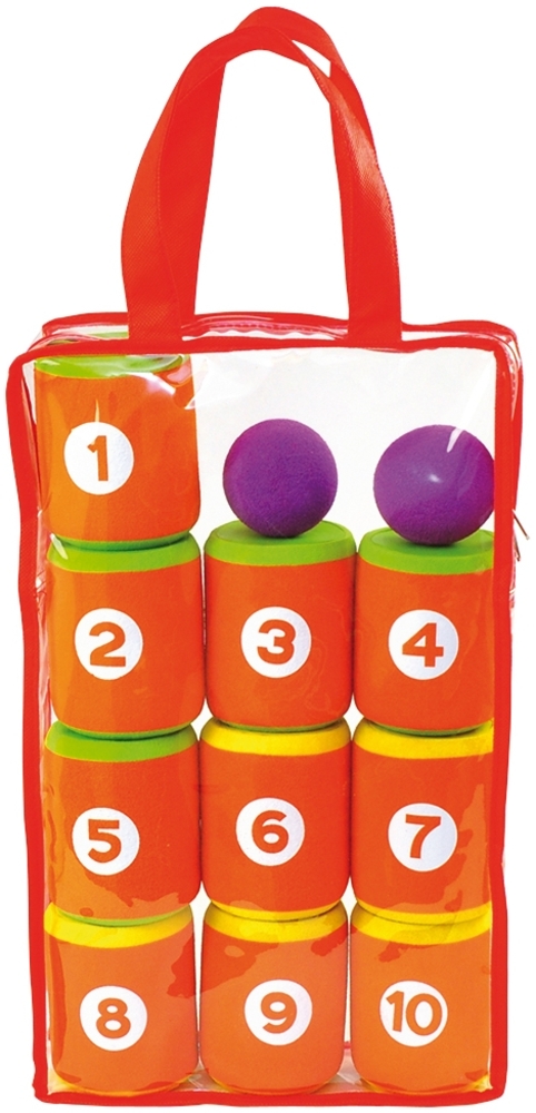 EDUPLAY 170-195 Dosenwurfspiel aus Schaumgummi , 10 Dosen Ø 7,5 x 10 cm & 2 Bälle mit Tragetasche Outdoor, orange, 13-teilig (1 Set) Bild 1