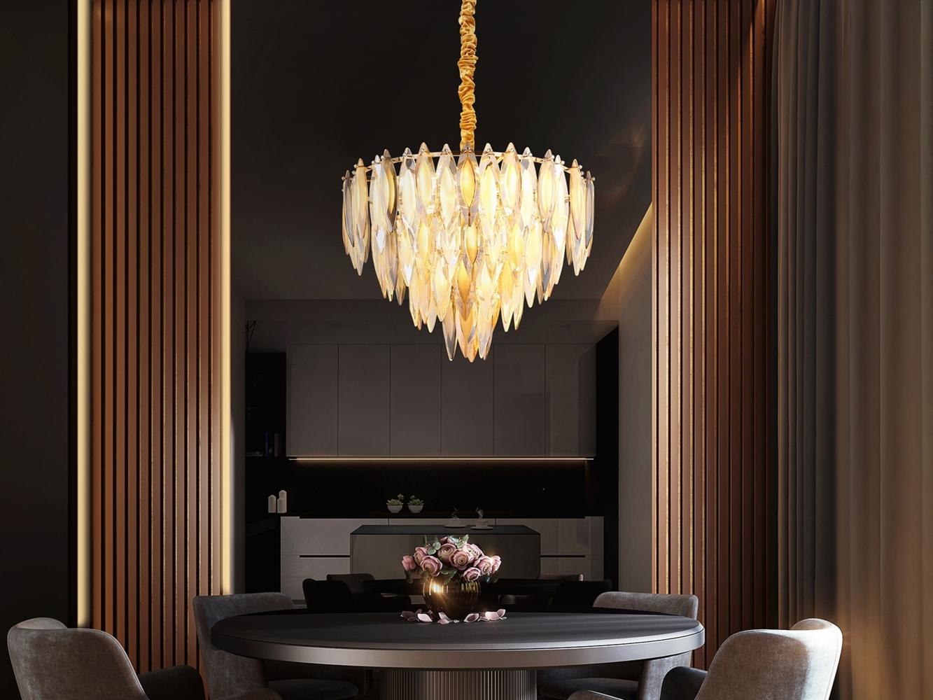 Moderner Kronleuchter ELINOR Gold mit 3-farbigem K9 Kristall Ø 60cm Bild 1