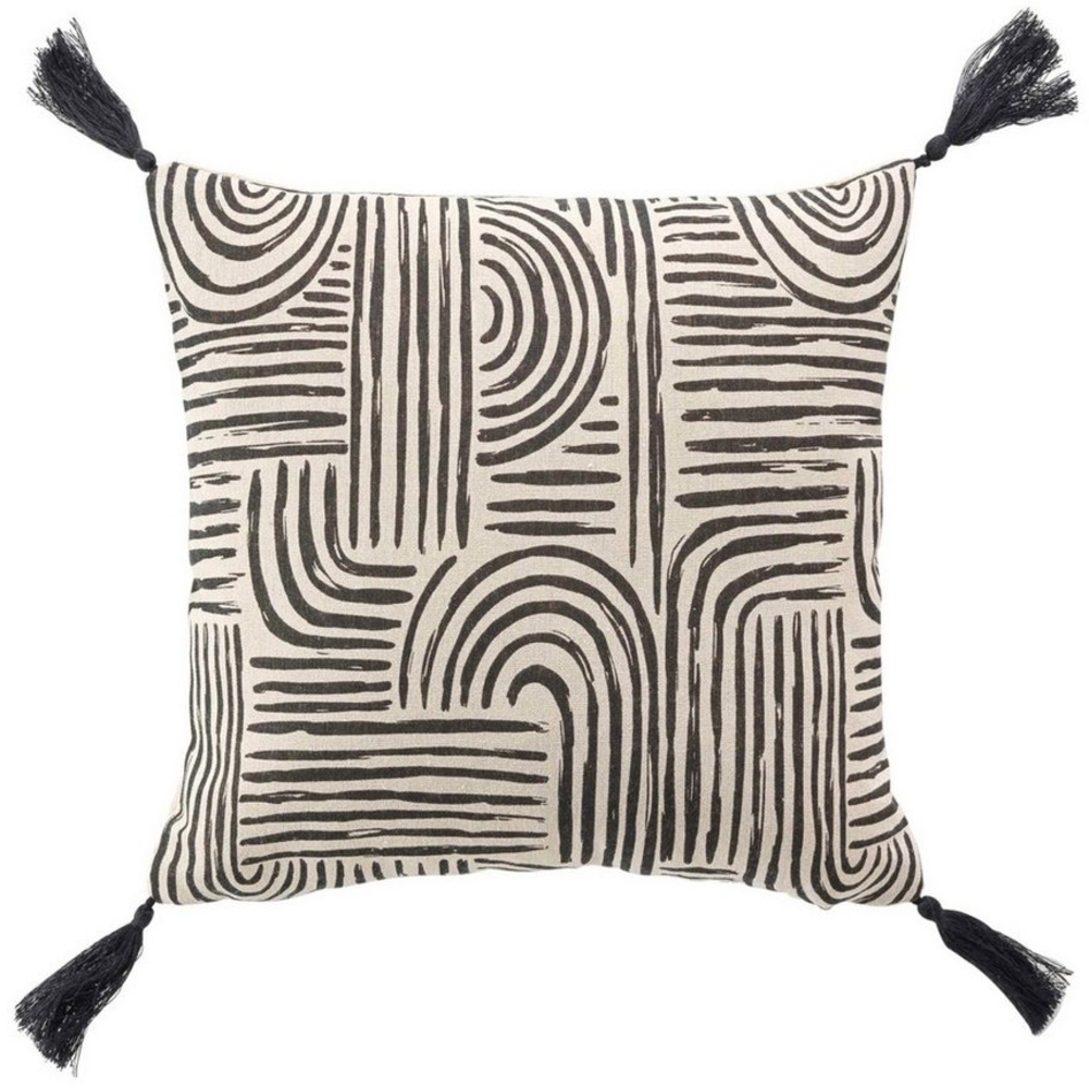 Macosa Home Dekokissen Kissen 45 x 45 cm Beige Schwarz Muster Boho Quasten Baumwolle, Quadratisch mit Reißverschluss Bild 1