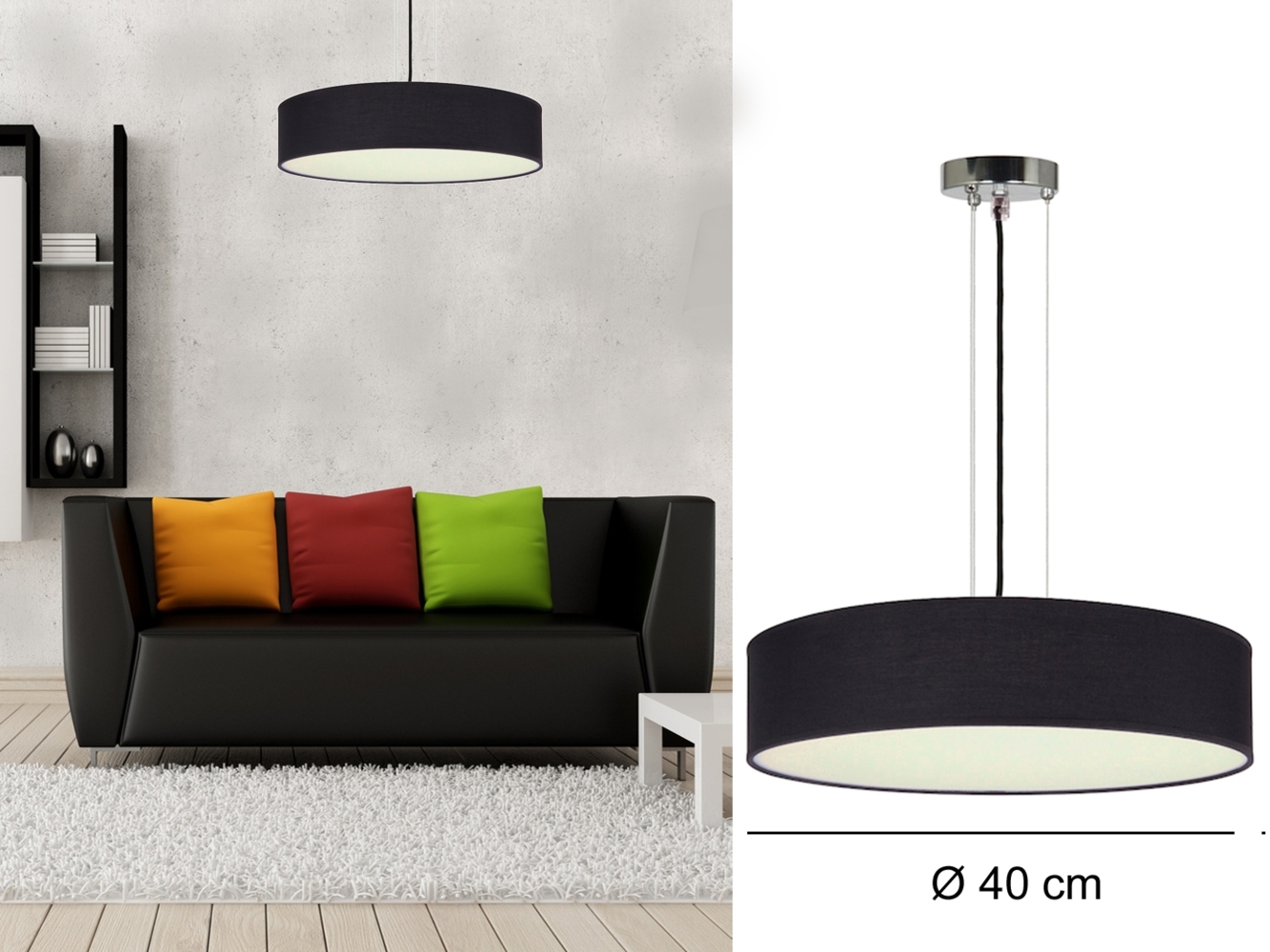 Hängelampe CEILING DREAM, Stoff Schwarz / Abdeckung satiniert, Ø 40cm Bild 1