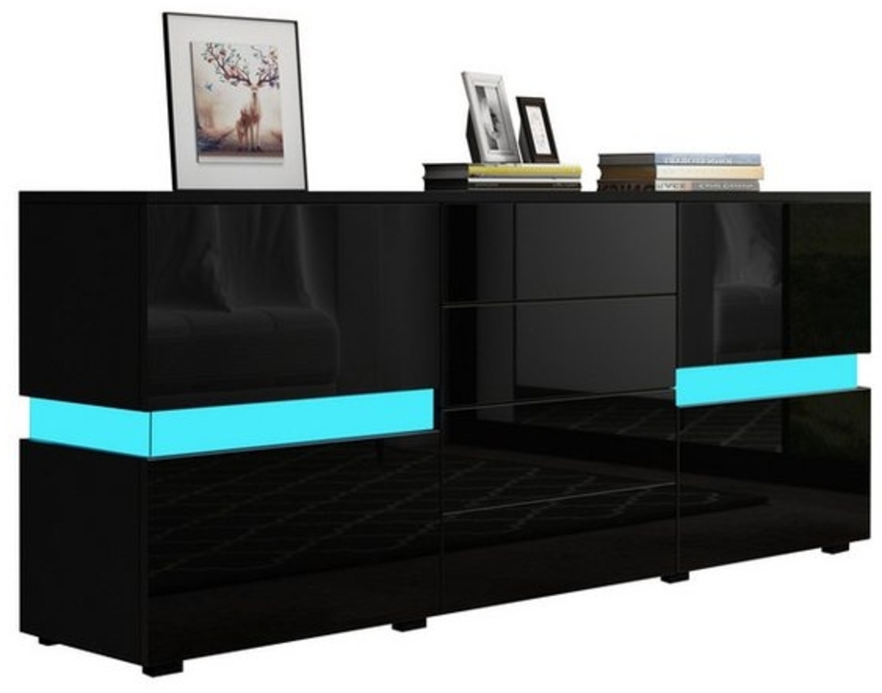 BESTWANTED Sideboard Hochglanz-Anrichte mit LED-Beleuchtung, 2 Türen, 4 Schubladen (1 St), Mit 16 LED-Farben/4 Blitzeffekten, Drucksystem, 35x177x72 cm, schwarz Bild 1