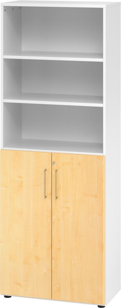 bümö Aktenregal & Schrank abschließbar, Büroschrank Regal Kombination Holz 80cm breit in Weiß/Ahorn - abschließbarer Schrank für's Büro & Arbeitszimmer, Büro Möbel Ordnerschrank, 968T3-W-3-BS Bild 1