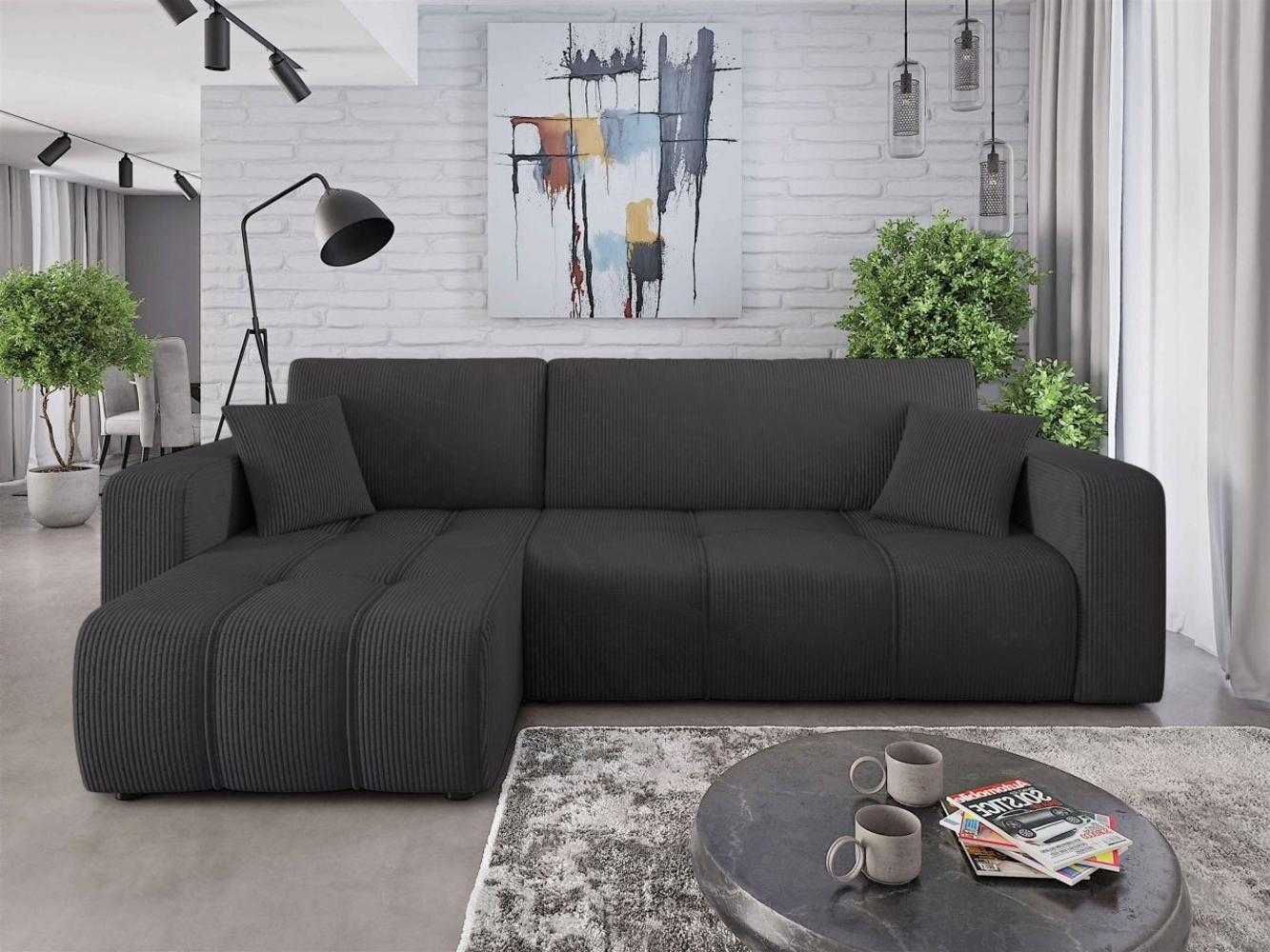 Ecksofa mit Schlaffunktion Sofa DAGNY in Stoff Poso Schwarz Ottomane Links Bild 1