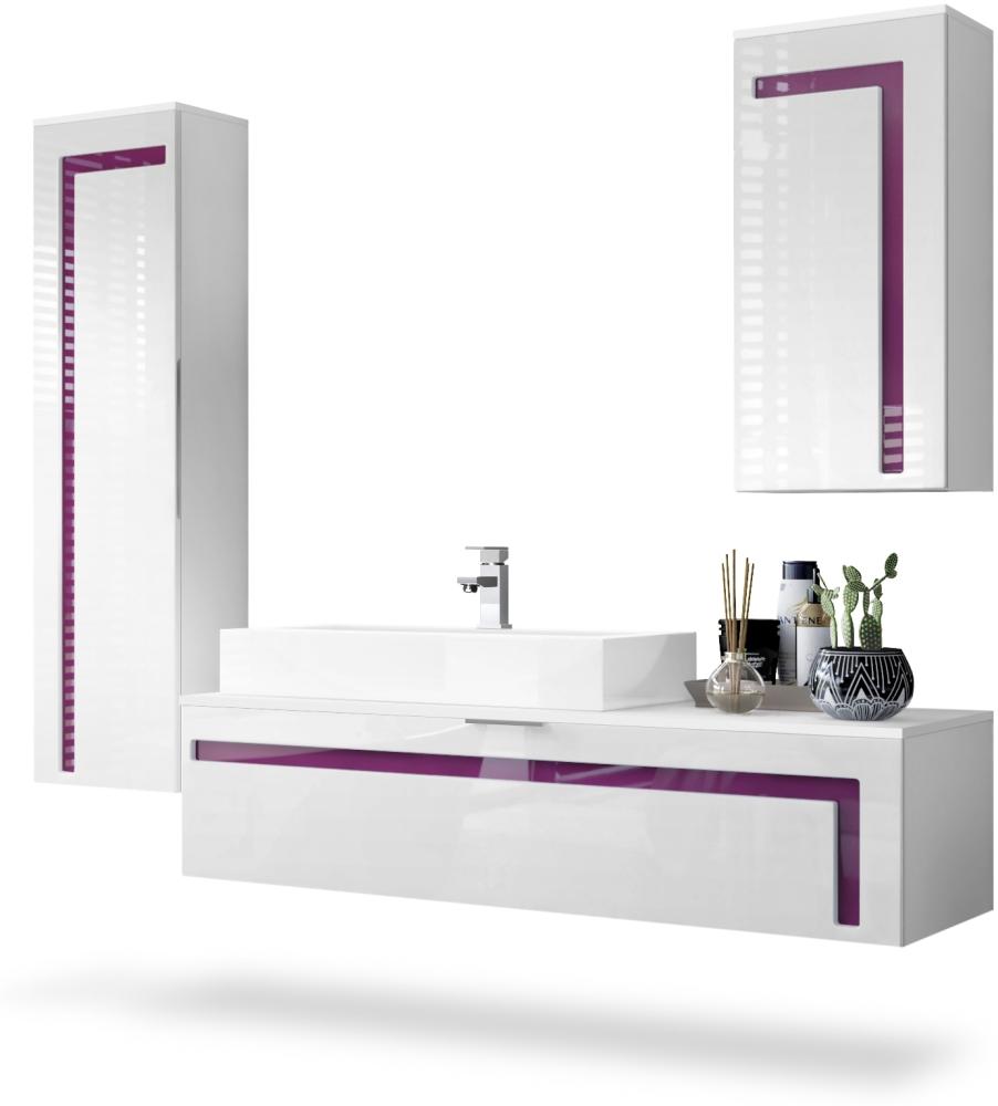 Badmöbel Komplettset Aloha, Korpus in Weiß matt / Fronten in Weiß Hochglanz mit Absetzungen in Brombeer Hochglanz, mit Aufsatzwaschbecken und Armatur (M1) Bild 1