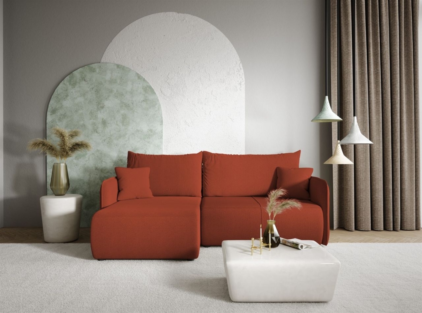 Ecksofa Sofa mit Schlaffunktion CALGARY Stoff Curio Ziegelrot Ottomane Links Bild 1