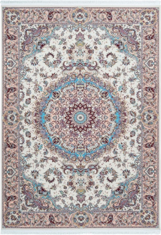 Casa Padrino Luxus Kunstfaser Teppich mit Fransen Elfenbeinfarben / Beige / Türkis - Verschiedene Größen - Rechteckiger Wohnzimmer Teppich im Orientalischen Stil Bild 1
