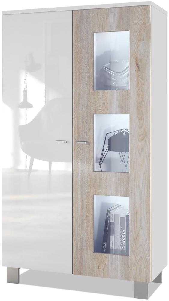 Vladon Vitrine Denjo, Standvitrine mit 2 Türen und 3 Glaseinsätzen, Weiß matt/ Weiß Hochglanz/ Eiche Nordic inkl. LED-Beleuchtung (71 x 129 x 35 cm) Bild 1