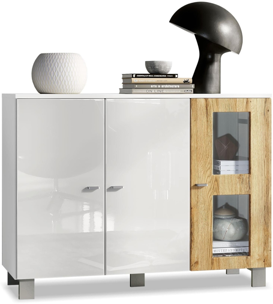 Vladon Sideboard Denjo, Kommode mit 3 Türen, Weiß matt/Weiß Hochglanz/Eiche Natur (107 x 81 x 35 cm) Bild 1