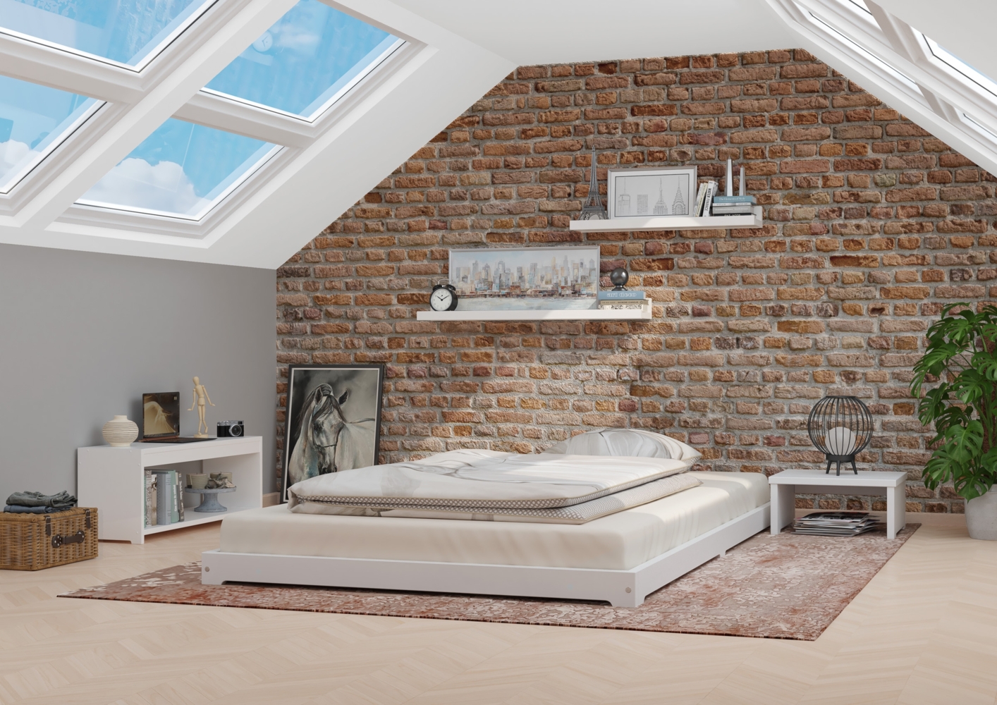 Weißes überlanges Massivholzbett Futonbett extra niedrig 120x220 Kiefer V-60.47W-12-220ohne Zubehör Bild 1