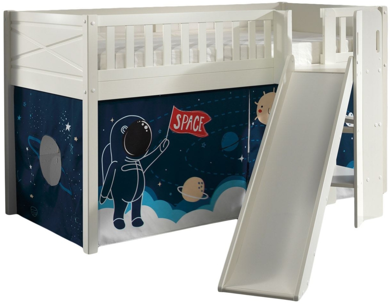 Kinderbett mit Rutsche Karyl Massivholz Weiß Textilset Rakete Bild 1