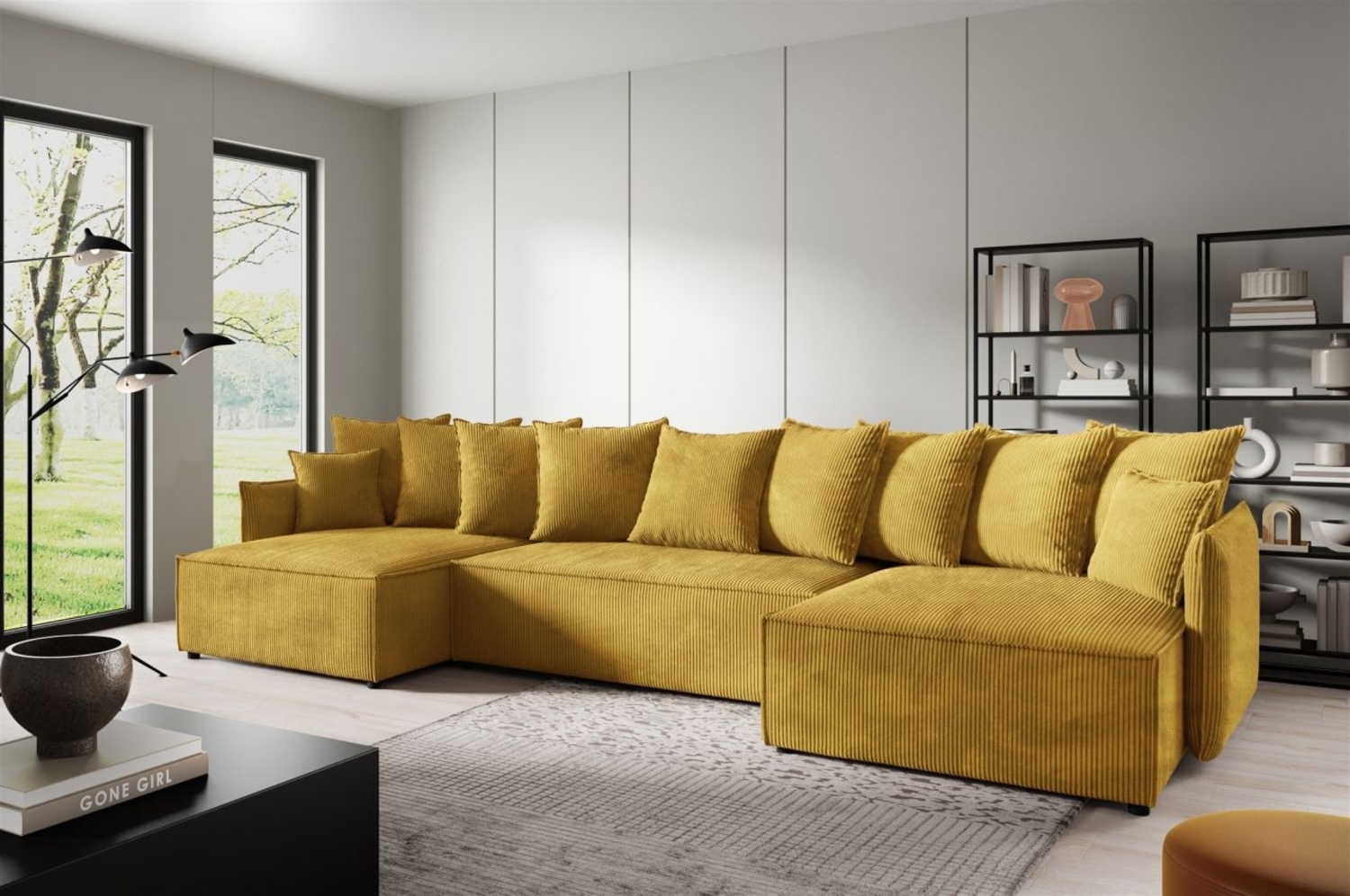 Wohnlandschaft mit Schlaffunktion MINEA Sofa U-Form in Stoff Poso Honiggelb Bild 1