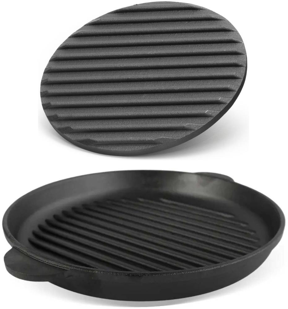 Ø28cm Grillpfanne aus Gusseisen Bräter mit Pressdeckel Schmortopf zwei Griffe Servierpfanne Grill Bild 1