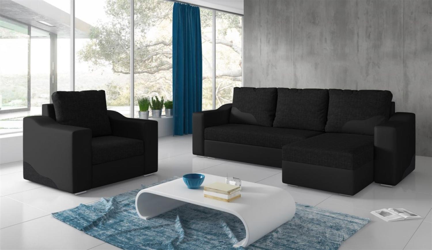 Ecksofa Set COLLIN Ottomane Rechts + Sessel Schwarz Bild 1