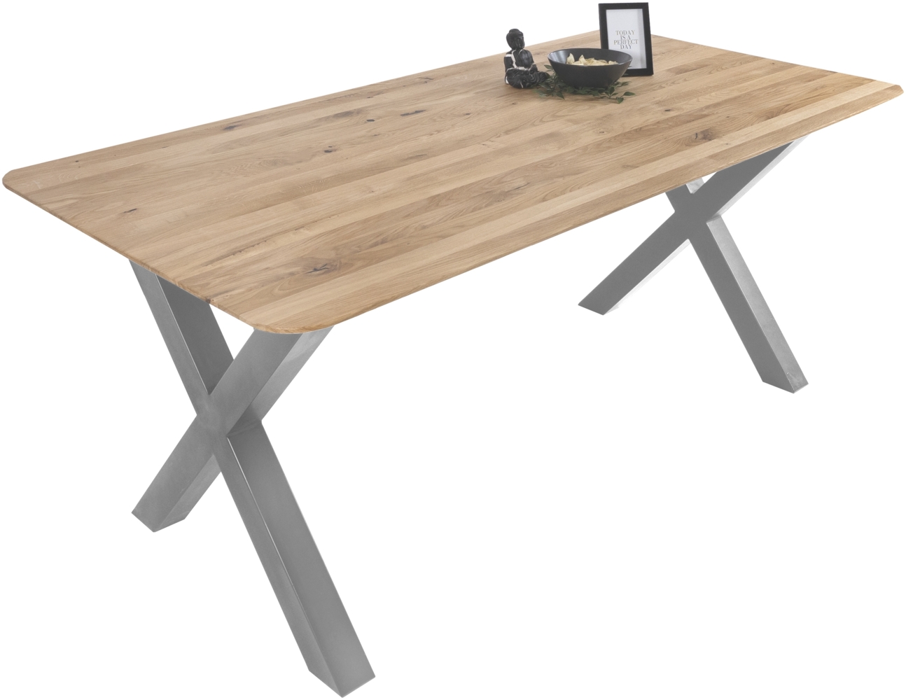 Esszimmertisch Schweizer Kante rund massiv & geölt Eiche 180x90 silber X-Gestell Lotte 137094667 Bild 1