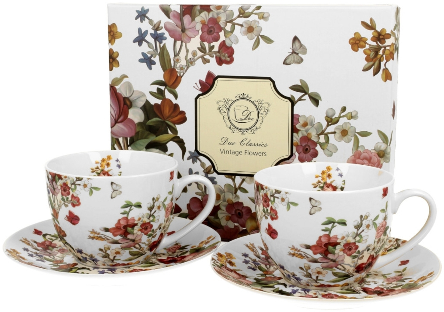 DUO FLORAL 2er-Set Tassen 280 ml VINTAGE FLOWERS WHITE mit Untertassen, New Bone China Porzellan Bild 1