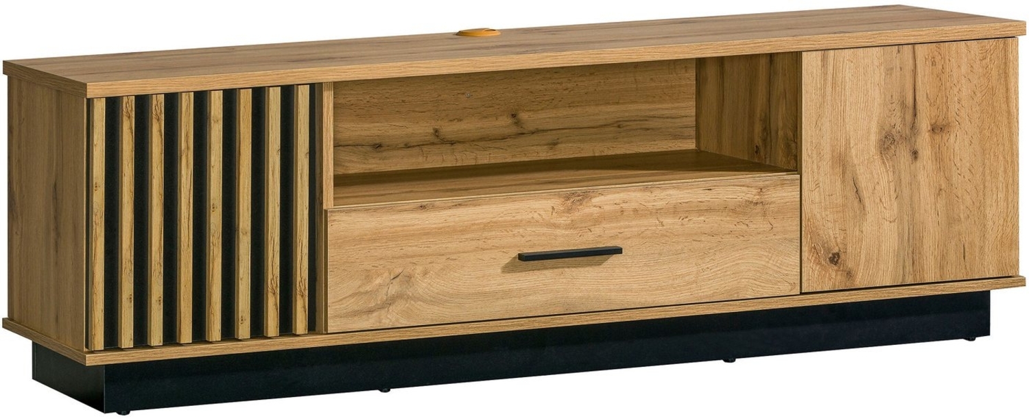 Compleo TV-Schrank mit Lamellen. Eiche wotan/schwarz PUCCI Lowboard mit zwei Türen und Schublade Bild 1