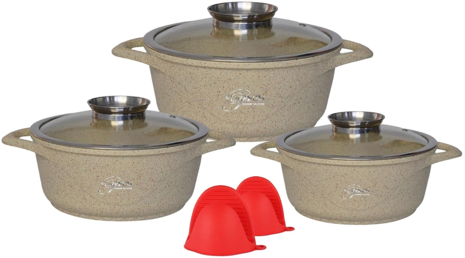 Kochgeschirr 6 teilig Topf Induktion Alu Guss ø 20-28cm Topf Kochtopfset mit Silikongriffe Aluminium Guss Beige Bild 1