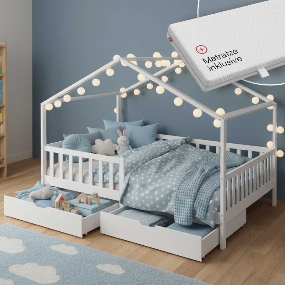 Bellabino 'Bia' Hausbett 140x200 cm mit Matratze und 2 Schubladen, weiß, Kiefer Massivholz, Montessori Kinderbett mit Stauraum, inkl. Rausfallschutz und Lattenrost Bild 1