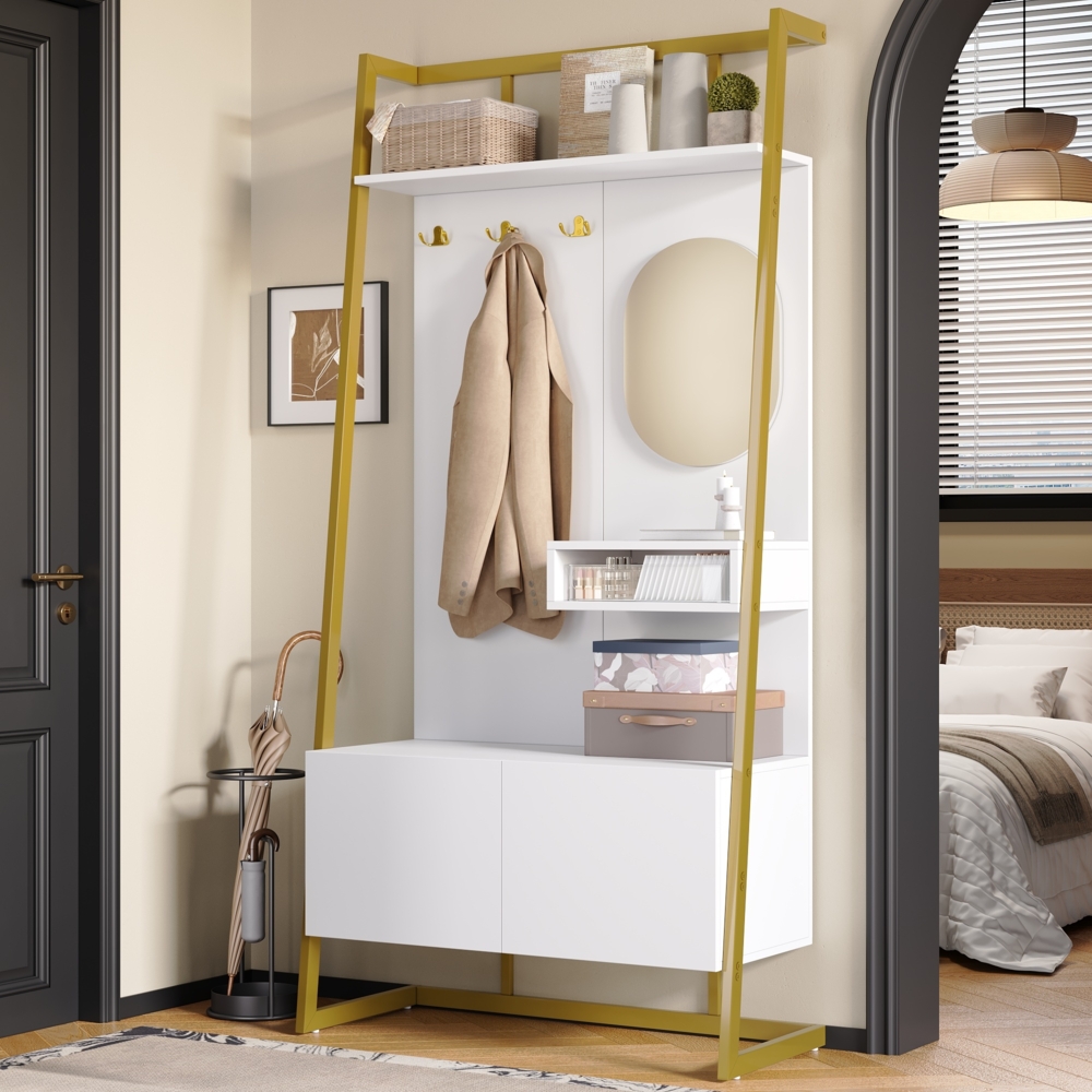 Kommode mit Spiegel und Schuhfach, 2-türig, offenes Ablageregal, Metallhaken, Weiß MDF mit Metallrahmen, Soft-Close, 78 x 38.5 x 180.5 cm Bild 1