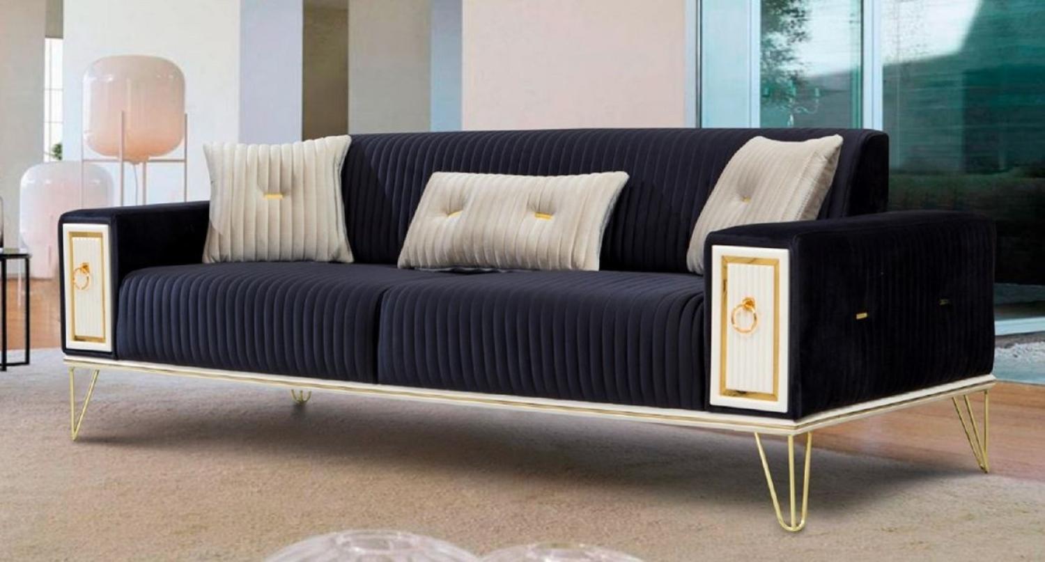 Casa Padrino Luxus Schlafsofa Dunkelblau / Weiß / Gold 220 x 90 x H. 80 cm - Modernes Wohnzimmer Sofa - Wohnzimmer Möbel Bild 1