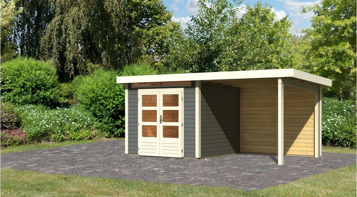 Gartenhaus Kandern 3 - 244x244 cm mit Anbaudach 2,35 m und Rückwand, 28 mm terragrau, Karibu Bild 1