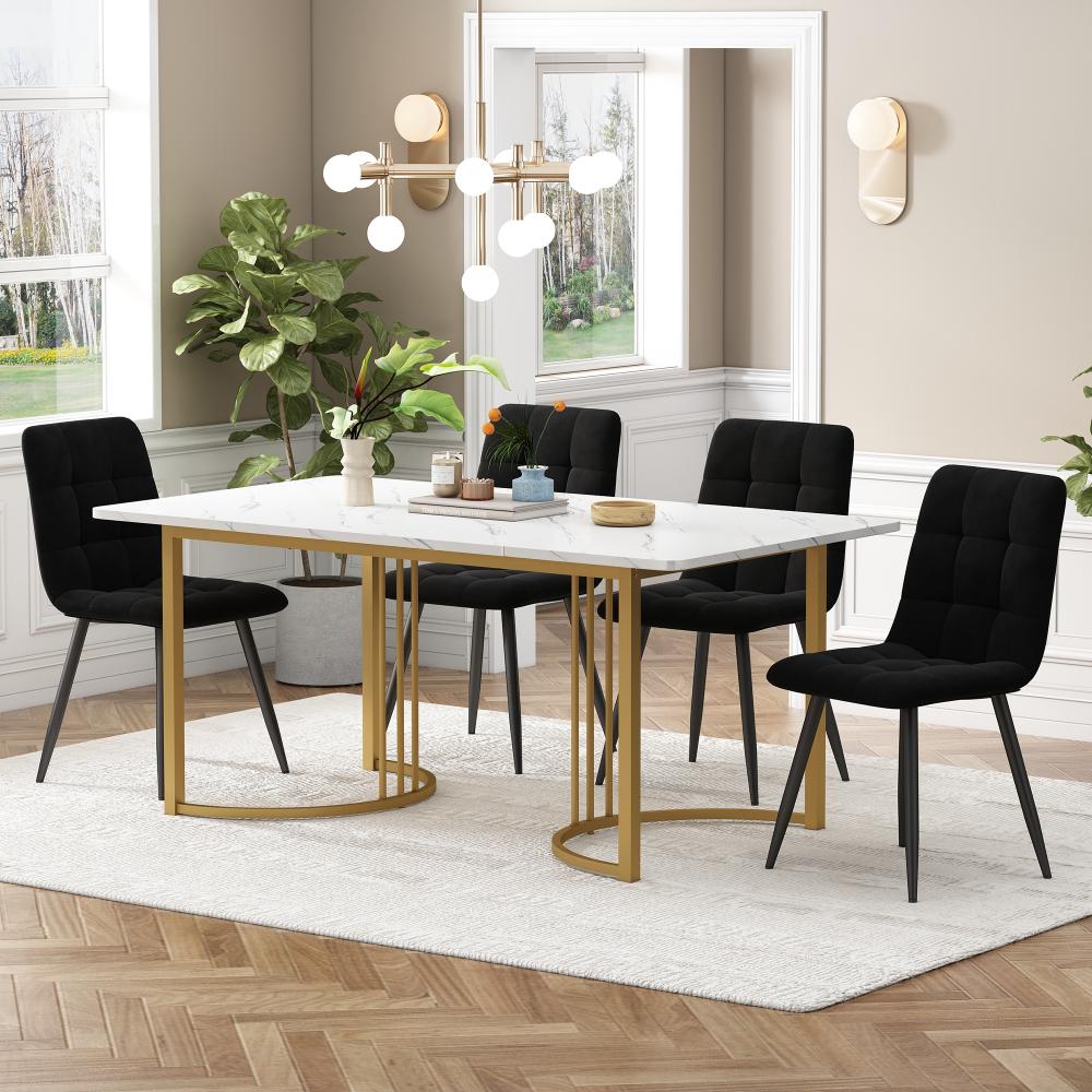 Merax Essgruppe (5-tlg), Esstisch mit 4 Stühlen Set, Moderner Küchentisch Set , 140×80cm Küchentisch mit Golden Metallbeinen, MDF Tischplatte in Weißer, Schwarz Samt Esszimmerstühle Bild 1