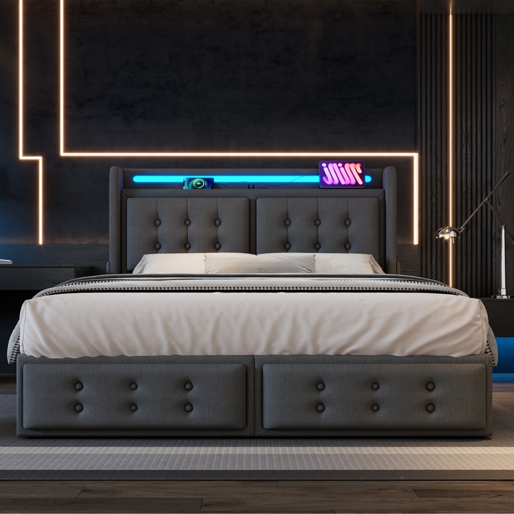 Polsterbett 160x200 cm mit Stauraum, LED-Beleuchtung und USB- und Type-C-Anschlüssen – Grau, Baumwoll-Leinen Bild 1