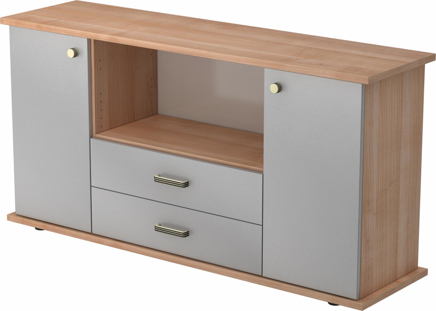 bümö® Sideboard mit Türen, Schubladen und Streifengriffen in Nussbaum/Silber Bild 1