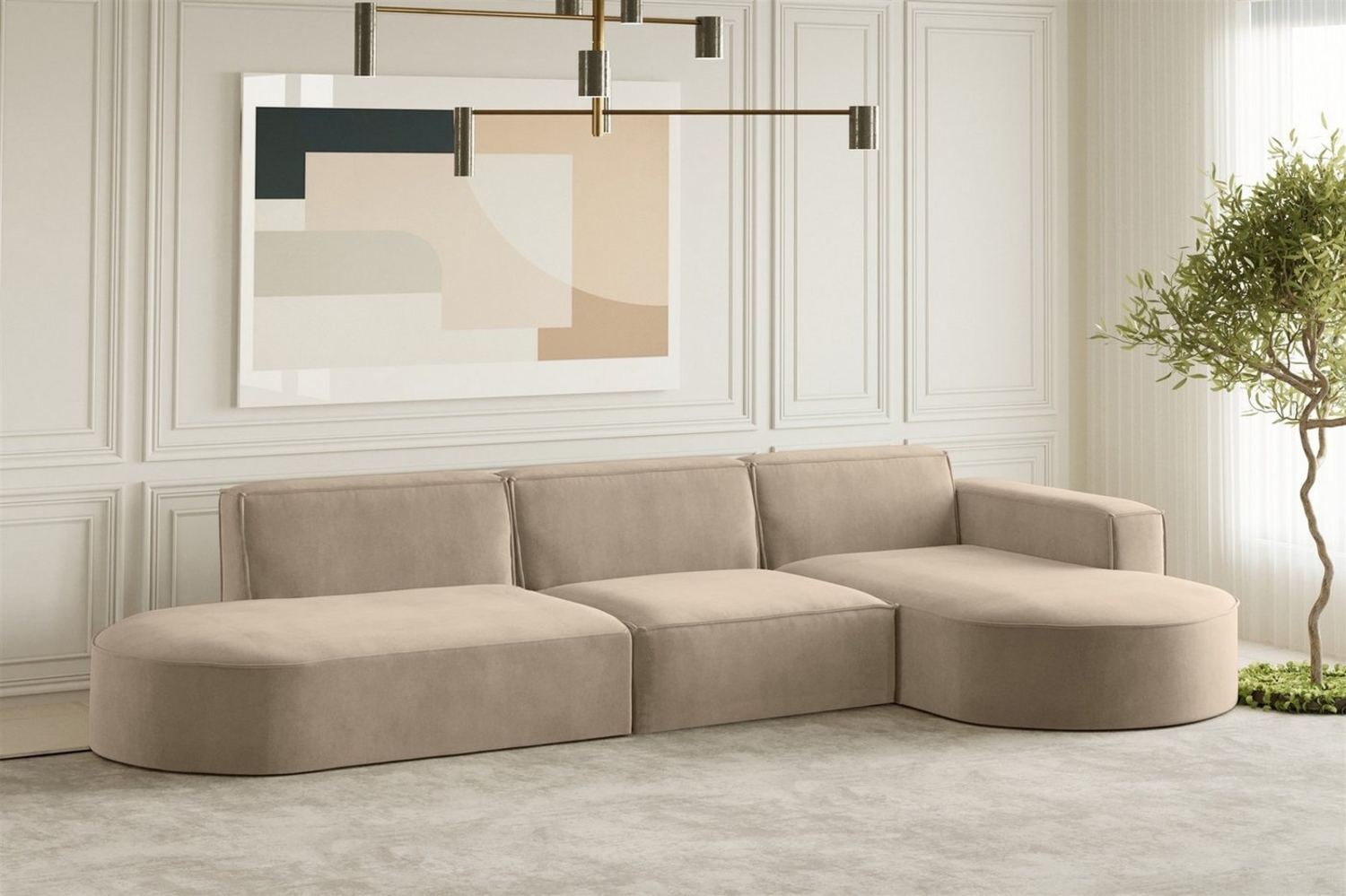 Ecksofa Designersofa PALMA in Stoff Noel Beige Ottomane Rechts Bild 1