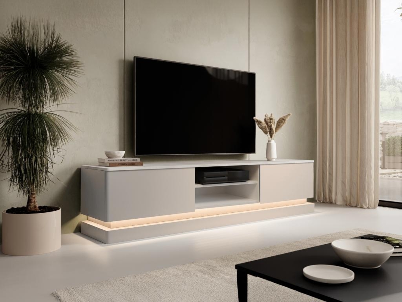 Vente-unique - TV-Möbel - 2 Schubladen & 2 Ablagefächer - Mit LED-Beleuchtung - MDF - Beige & Marmor-Optik Weiß - DEVIKA von Pascal MORABITO Bild 1