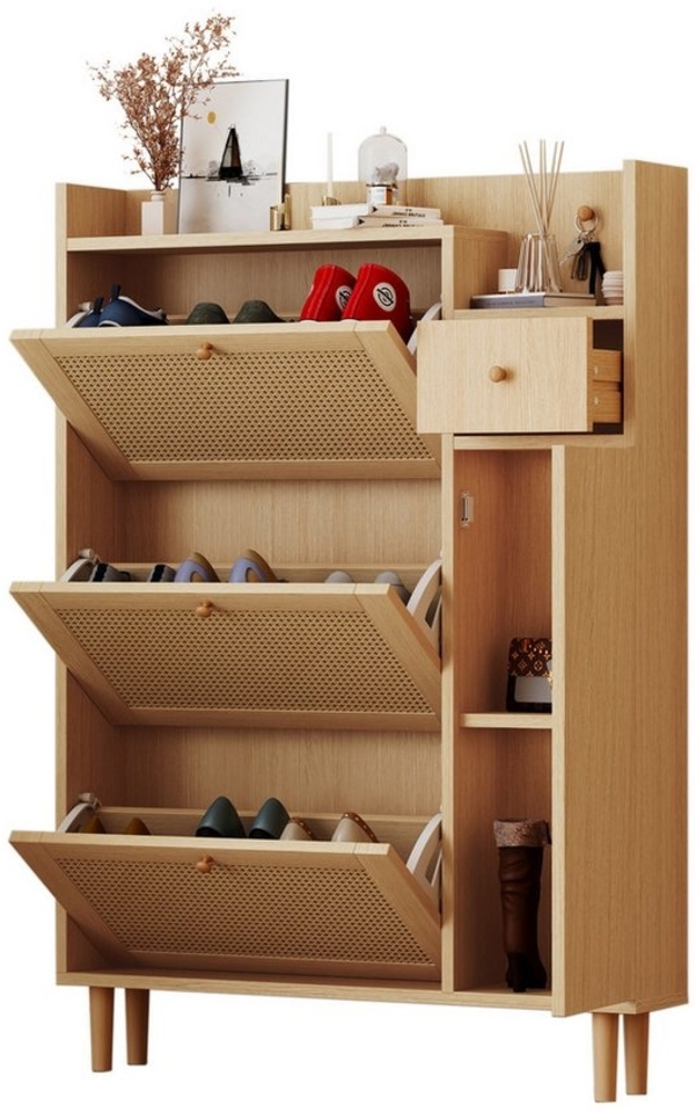 REDOM Schuhschrank (Schuhschrank mit 3 Kipp-Türen und 1 Schublade, 1-St, Schuhschrank aus Rattan) Maße: B90/H125/T17 cm Bild 1