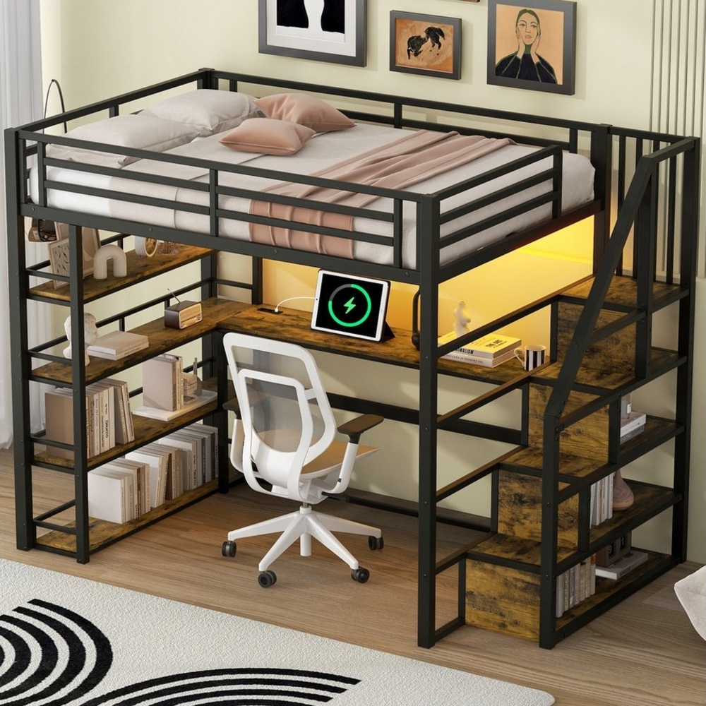 STILVORA Hochbett 140x200 mit Schreibtisch,Jugendbett Eisenbett mit LED-Licht&USB (Metall-Hochbett mit Treppe, Schreibtisch, Stauraum & LED-Beleuchtung, Schwarz, Stabile Konstruktion, 1-St, 140x200) Bild 1