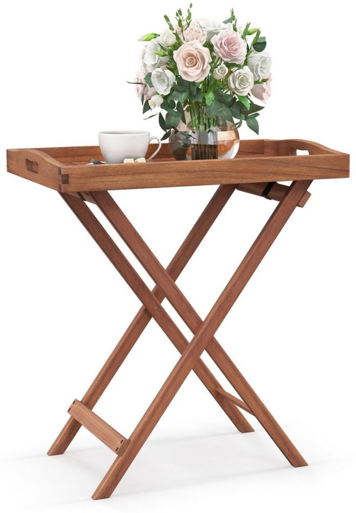 COSTWAY Gartentisch, wetterfest,Akazienholz, mit abnehmbarem Lamellen-Tablett Bild 1