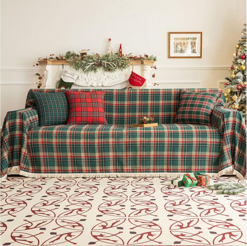 BTTO Sofahusse Sofabezug,Sofadecke Bezug,Sofa überwurfdecke mit Quasten, Couchschutz Weihnachten kariert,Weich Wohndecke Bild 1