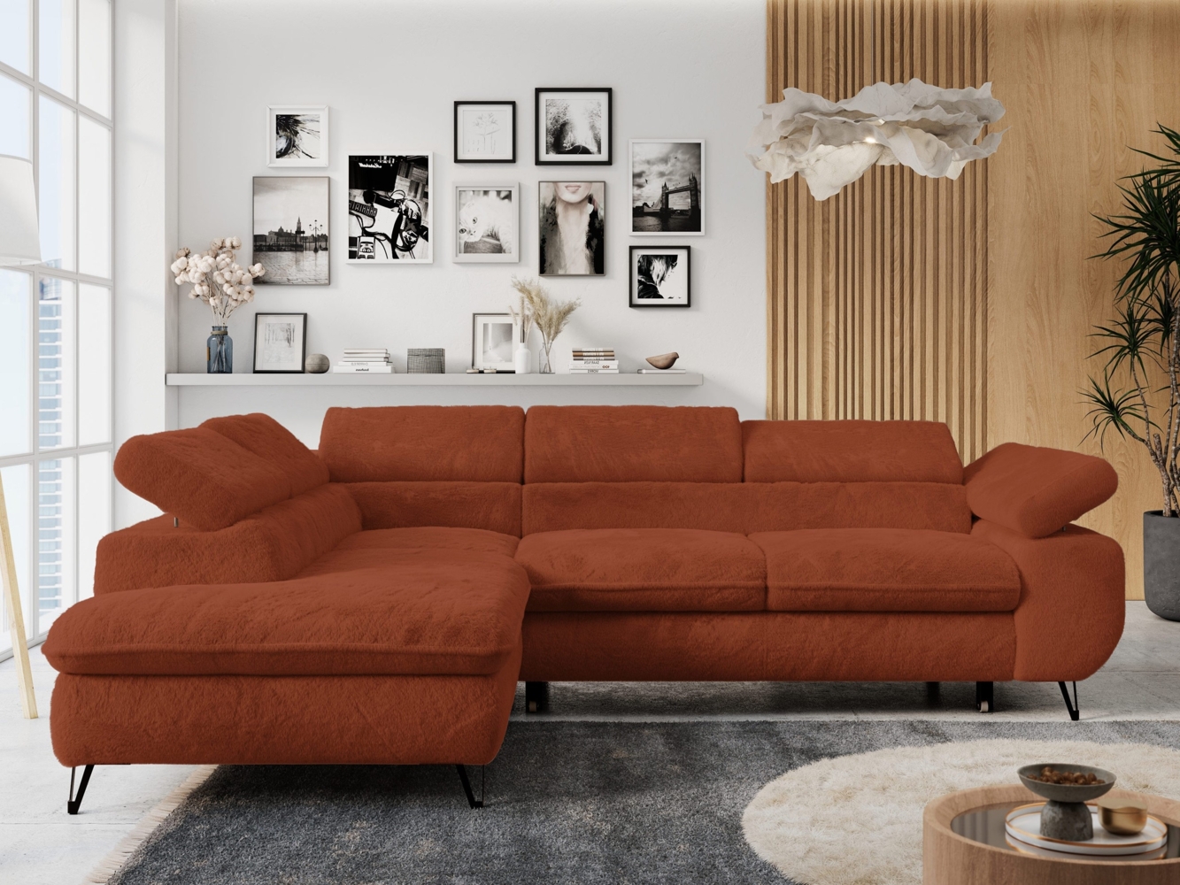 Ecksofa mit Bettfunktion, Modern Sofa, L-form, Einstellbare Kopfstützen, Bettkasten - PETER - Orange Plüsch - Topper T25 - links Bild 1
