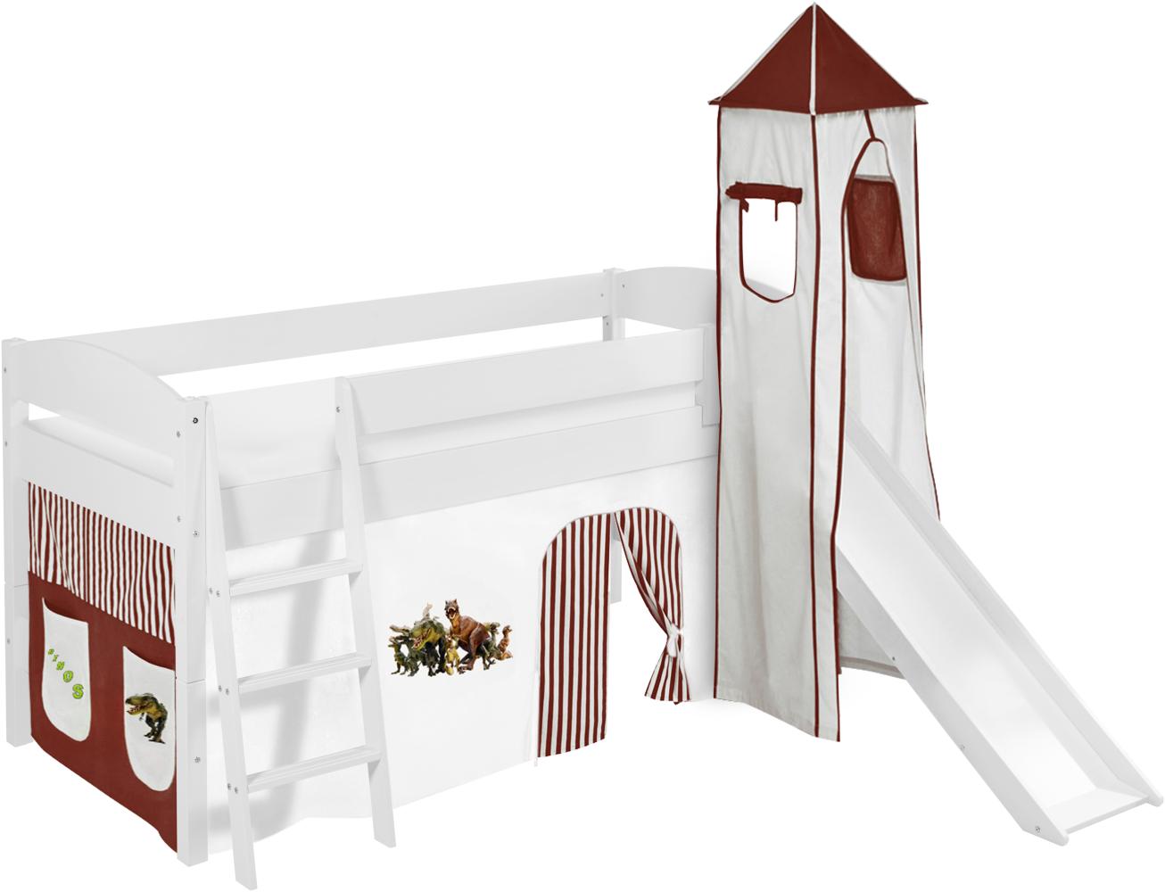 Lilokids 'Ida 4105' Spielbett 90 x 200 cm, Dinos Braun Beige, Kiefer massiv, mit Turm, Rutsche und Vorhang Bild 1