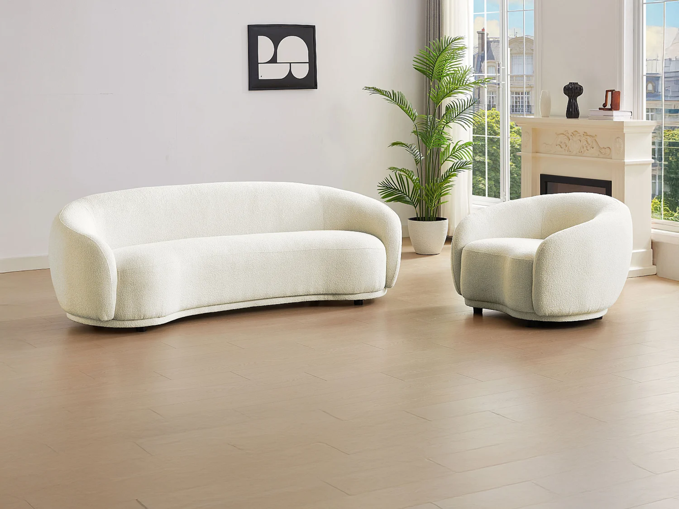 Vente-unique - Sofa 3-Sitzer & Sessel - Bouclé-Stoff - Elfenbeinweiß - BOVANA von Pascal Morabito Bild 1