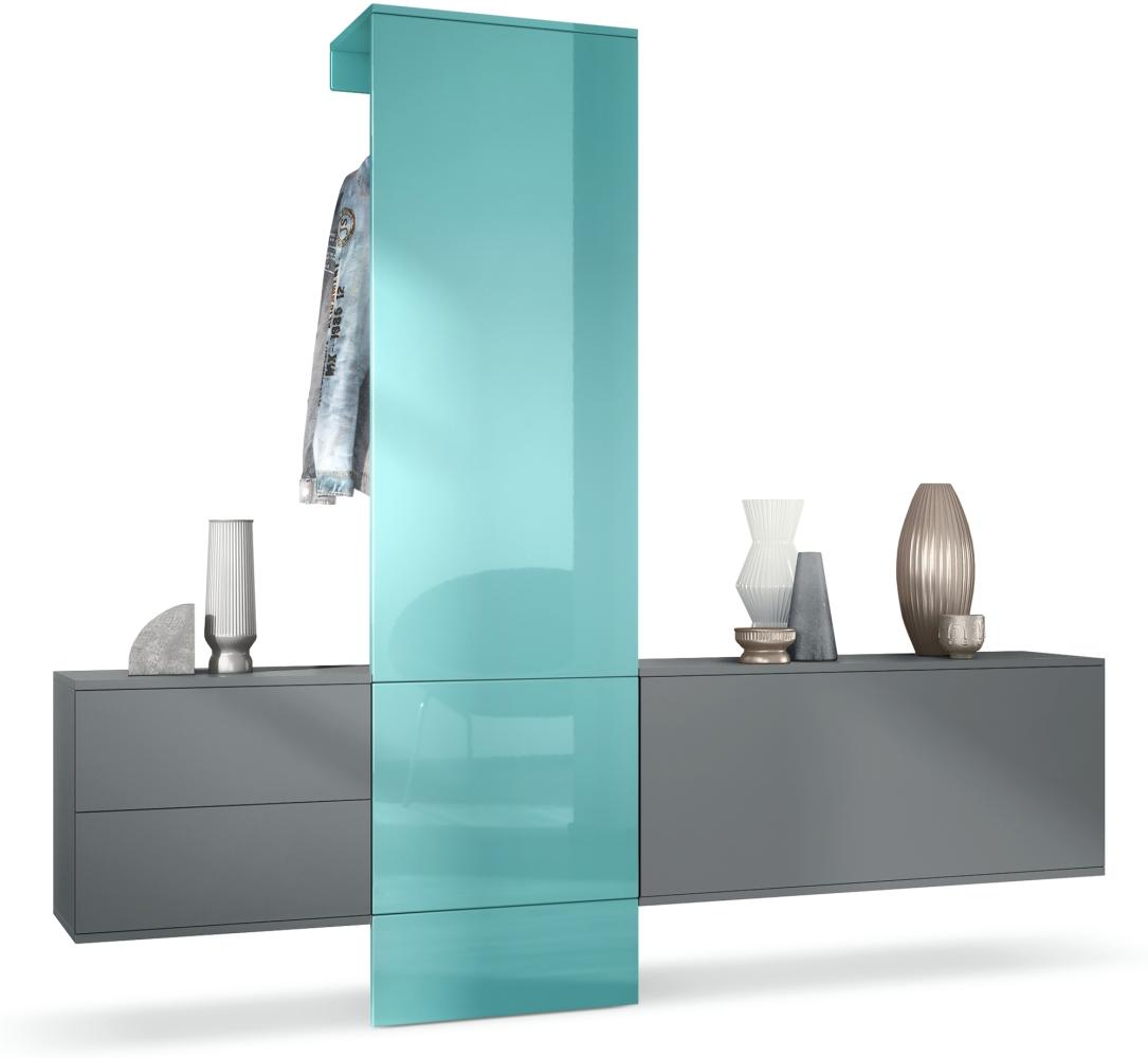 Garderobe Carlton Set 1, Flur-Garderobe aus Deko-Paneel, Schubladen-Kommode & Schuhschrank, Anthrazit matt / Petrol Hochglanz (209 x 193 x 35 cm) Bild 1
