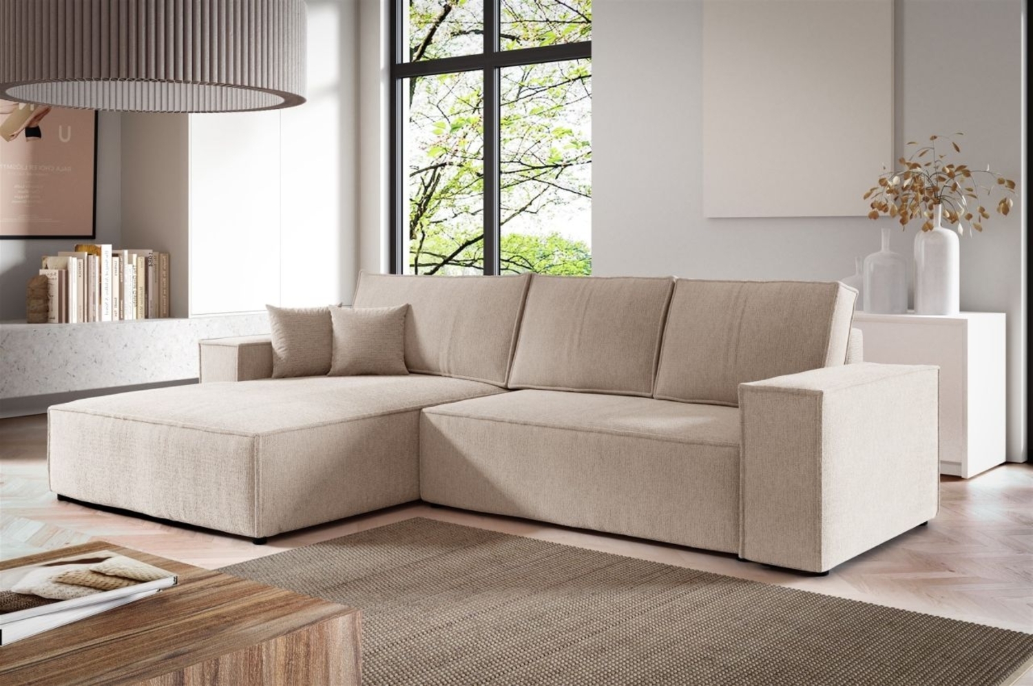 Ecksofa Schlafsofa LEVIO Stoff ARAGON Creme Ottomane Links Bild 1